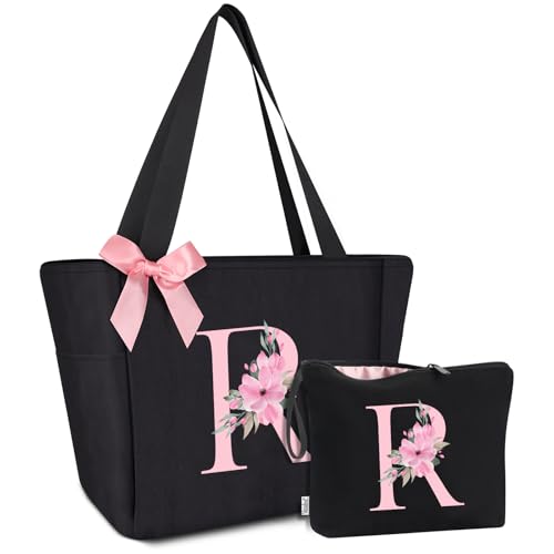 Tote Bag, A-Z Initial Monogrammed Waterproof Tote Bag, Bridesmaid Gifts for Women, Black and Pink (R, Black Set)