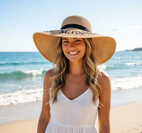 Big Straw Sun Hats for Women Floppy Foldable Roll up Beach Cap Sun Hat UPF 50+ Vacation Honeymoon Embroidered Hat