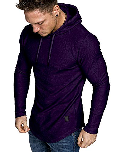 Mens Fashion Athletic Hoodies Sport Sweatshirt Solid Color Fleece Pullover Purple