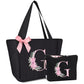 Tote Bag, A-Z Initial Monogrammed Waterproof Tote Bag, Bridesmaid Gifts for Women, Black and Pink (G, Black Set)