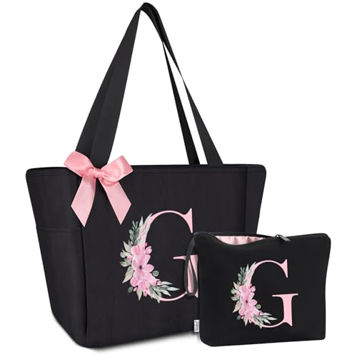 Tote Bag, A-Z Initial Monogrammed Waterproof Tote Bag, Bridesmaid Gifts for Women, Black and Pink (G, Black Set)