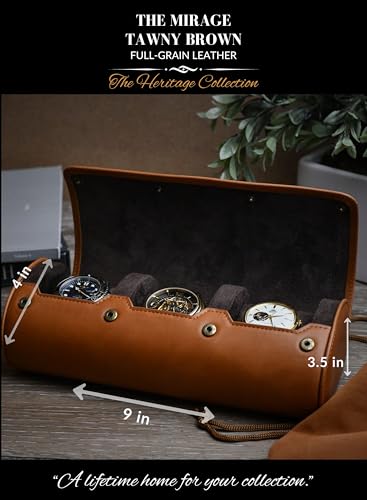 Watch Travel Case for Men Leather Watch Roll for Travel Organizer and Display Watch Case 3 Slots Full Grain Leather Tawny Brown (48 Count)