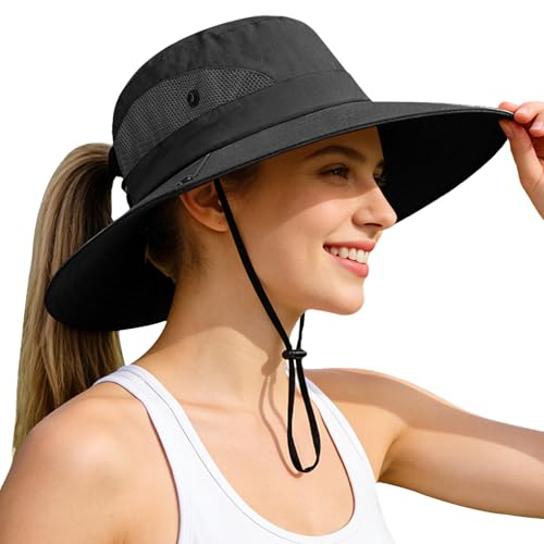 Ponytail Sun Bucket Hats for Women UV Protection Foldable Wide Brim