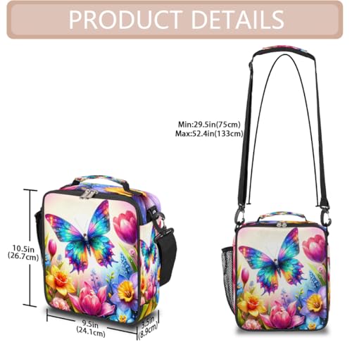 Spring Flower Butterfly Kids Lunch Box for Girls Boys Reusable Insulated Lunch Bag for Kids Toddler Thermal Cooler Spacious Lunchbox with Shoulder Strap Lunchbag for School Work Picnic (print 4)