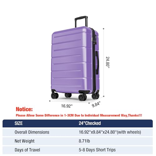 24 Inch Luggage TSA Approved Hardshell Suitcases with Spinner Wheels Durable PC+ABS Medium Checked Travel Luggage for Women Men Lt Purple