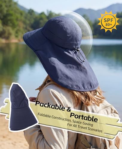 UPF 80+ Sun Hat for Men Women Wide Brim Sun Hat with Neck Flap Summer Safari UV Protection Gardening Fishing Hat Navy Blue