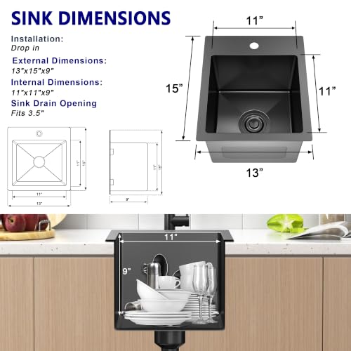 13x15x9 inch Drop in Bar Sink Gunmetal Black 18 Gauge T304 Stainless Steel