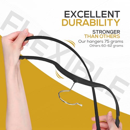 50 Pack New Premium Quality Velvet Hangers Ultra Thin Non Slip Adult Felt Space Saving Hangers for Closet Heavy Duty Coat Pants Jackets Dress Hangers 360° Swivel Hook Hold Upto 10 lbs Black (50 Count)