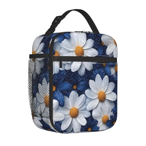 Elegant Daisy Insulated Lunch Box for Women Men White and Blue Flower Lunch Bag for Travel