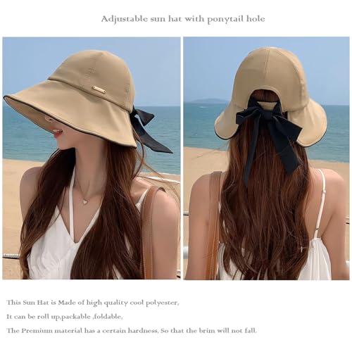Wide Brim Hats for Woman Foldable Hats Sun Hats for Women uv Protection Bowknot Bucket hat Adjustable hat with Ponytail Hole Khaki