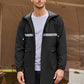 Men's Long Raincoats Lightweight Hooded Rain Jackets Waterproof Packable Outdoor Hiking Reflective Stripe Jacket