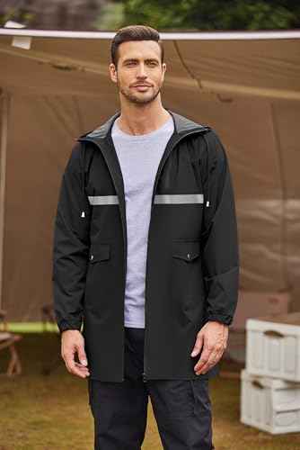 Men's Long Raincoats Lightweight Hooded Rain Jackets Waterproof Packable Outdoor Hiking Reflective Stripe Jacket
