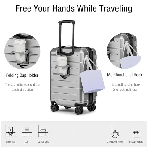 Carry On Luggage 22x14x9 Airline Approved Hardshell 20 Inch with TSA Lock Carry On Suitcase with Wheels Small Travel Rolling Luggage with Cup Holder for Women Men Silver
