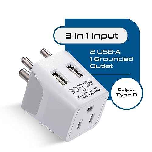 India, Nepal, Bangladesh Travel Adapter Plug with USB-A + USB-C - Type D - Usa Input - Ultra Compact - Safe Grounded Perfect for Cell Phones, Laptops, Camera (CTU-10)
