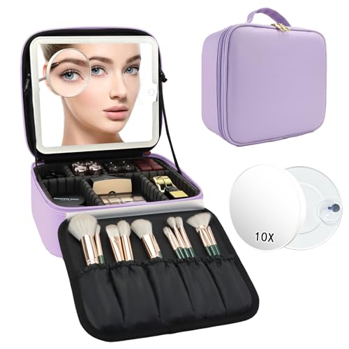 Travel Makeup Bag with LED Mirror and 10x magnifying glass with 3 Lighted Settings