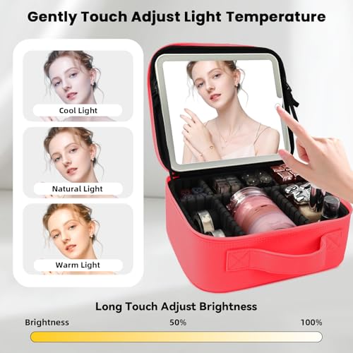 Travel Makeup Bag with LED Mirror and Light Makeup Travel Bag Organizer Portable Cosmetic Brush Organizer Bag with Adjustable Dividers for Cosmetics Makeup Brushes Toiletry