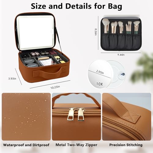Travel Makeup Bag with LED Mirror and 10x magnifying glass with 3 Lighted Settings