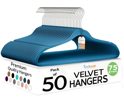 Premium Velvet Hangers 50 Pack Ultra Thin Non Slip Adult Felt Space Saving Slim Suit Hanger for Closet Heavy Duty Coat Pants Jackets Dress Hangers 360° Swivel Hook Hold Upto 10 lbs Blue (50 Count)