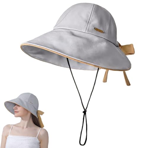 Wide Brim Hats for Woman Foldable Hats Sun Hats for Women uv Protection Bowknot Bucket hat Adjustable hat with Ponytail Hole Gery Grey