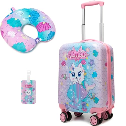 Cute Cat Kid’s Luggage Set 2 Piece Suitcase Set 16" Hardside Luggage with Spinner Wheels Girls Carry on Toddler Travel Rolling Luggage Airline Approved (2 Count)