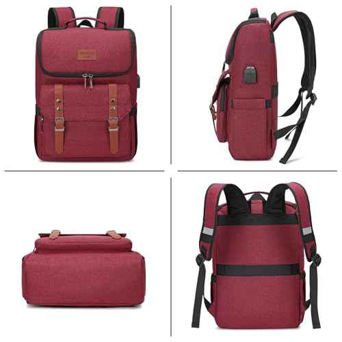 Vintage Backpack Travel Laptop Backpack with usb Charging Port for Women & Men College Backpack Fits 15.6 Inch Laptop Red Brown