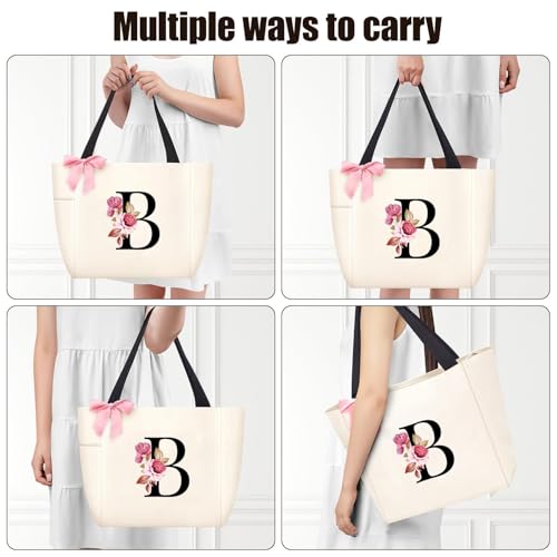 Tote Bag, A-Z Initial Monogrammed Waterproof Tote Bag, Bridesmaid Gifts for Women, Black and Pink (B, Beige)