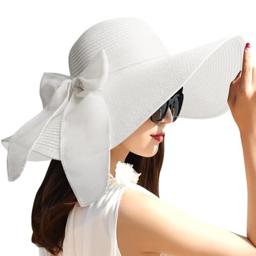 Womens Big Bowknot Straw Hat Foldable Sun Hats Floppy Beach Hat Large Roll up Cap UPF 50+