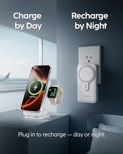 EcoHub 3-in-1 Magnetic Wireless Charger & Battery Pack for iPhone, iWatch, AirPods - 6,000mAh Battery | Built-in Wall Plug | 15W Magsafe Wireless Output | Foldable | Charging Station | White