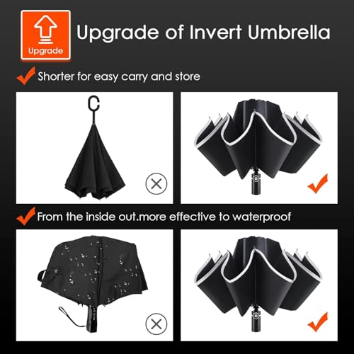 Inverted Umbrella Large Windproof Umbrellas for Rain Sun Travel Umbrella Compact with Reflective Stripe (2 Count)