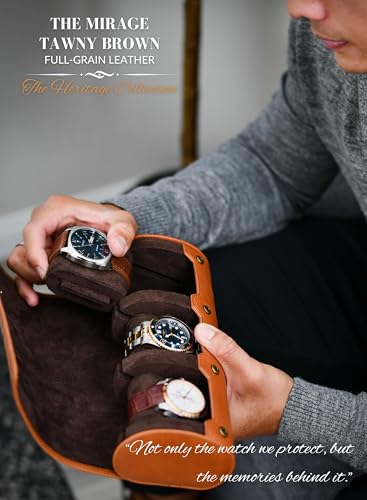 Watch Travel Case for Men Leather Watch Roll for Travel Organizer and Display Watch Case 3 Slots Full Grain Leather Tawny Brown (48 Count)
