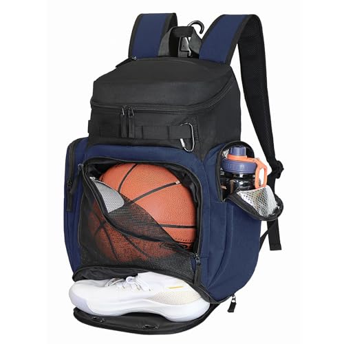 Large Basketball Backpack Sports Gym Bag with Ball Holder Ventilated Shoe Compartment Insulated Cooler Pockets Reflective Strips Fence Hook for Men Athletic Training