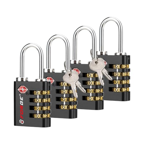Dual-Opening: Key or Combination Access Lock, TSA Approved Locks for Luggage, Pelican case, Travel, Gym, School, Stainless Steel Shackle. (Black, 4 Pk) (4 Count)