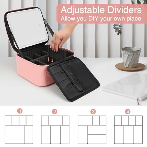 Travel Makeup Bag With LED Mirror Portable Travel Makeup Organizer 3 Color Adjustable Brightness Waterproof Cosmetic Train Case with Removable Dividers Makeup Storage for Women