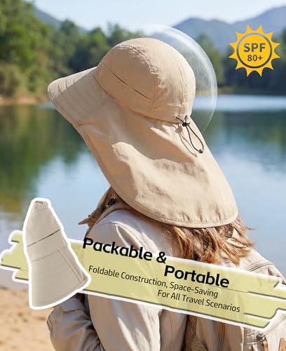 UPF 80+ Sun Hat for Men Women Wide Brim Sun Hat with Neck Flap Summer Safari UV Protection Gardening Fishing Hat Khaki