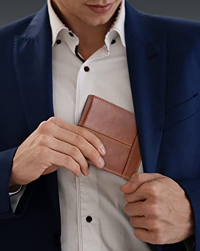 Wallet for Men RFID Blocking Genuine Leather Mens Wallets Bifold with 1 ID Window 15 Card Slots redbrown