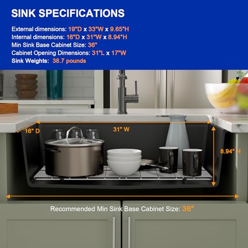 Matte Black Quartz Kitchen Sink 33” Undermount Single Bowl