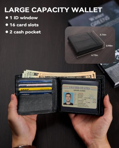 Mens Wallet Rfid Blocking Leather Wallet for Men Bifold Wallets with 1 ID Window 16 Card Slot Black