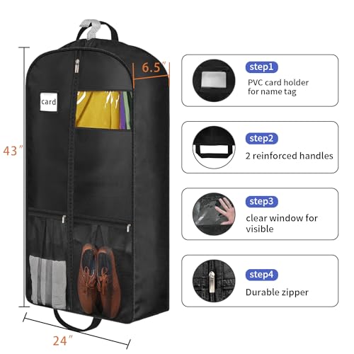 6.5" Gusseted Heavy Duty Garment Bags for Travel 43" Suit Bags for Closet Storage Hanging Clothes Bag with Pockets Mens Suit Holder for Shirts (2 Count)