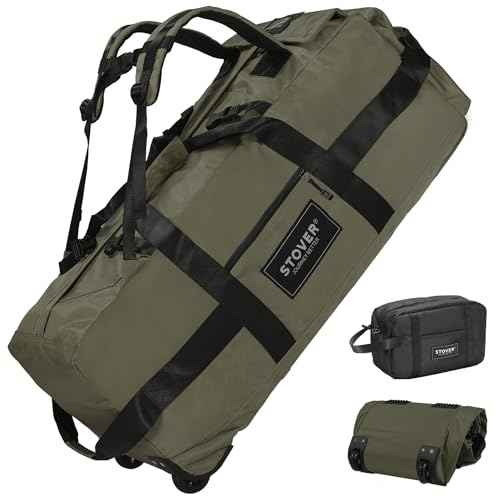45/80/100L Rolling Duffel Bag with Wheels, Large Durable Travel Duffle + Toiletry Bag, Heavy Duty, Packable, Foldable with Shoulder Straps- Use as Luggage or Backpack, Men/Women (Green)