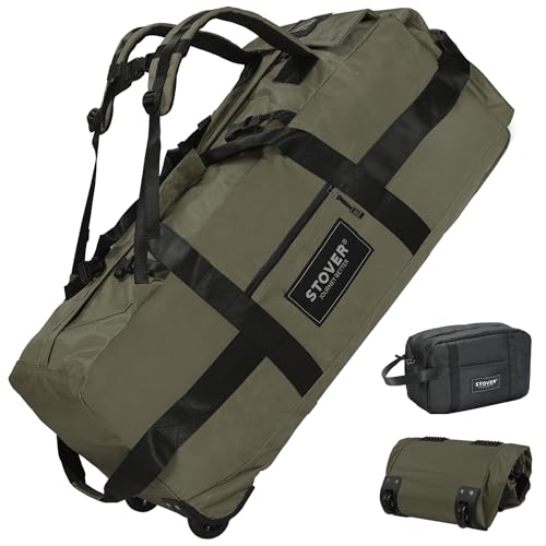 45/80/100L Rolling Duffel Bag with Wheels, X-Large Durable Travel Duffle + Toiletry Bag, Heavy Duty, Packable with Shoulder Straps- Use as Luggage or Backpack, Men/Women (Green)