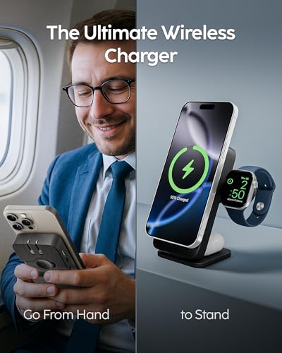 EcoHub 3-in-1 Magnetic Wireless Charger & Battery Pack for iPhone, iWatch, AirPods - 6,000mAh Battery | Built-in Wall Plug | 15W Magsafe Wireless Output | Foldable | Charging Station | Black