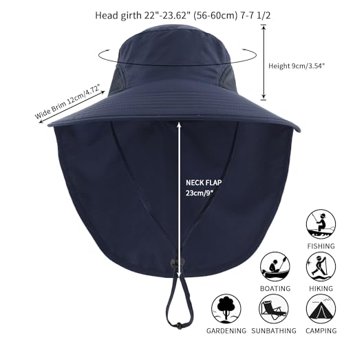 UPF50+ Mens Sun Hat Wide Brim Mesh Fishing Hat with Neck Flap UV Protection Hat for Gardening Golf Navy Blue
