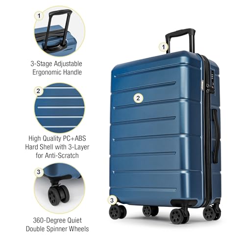 24 Inch Luggage TSA Approved Hardshell Suitcases with Spinner Wheels Durable PC+ABS Medium Checked Travel Luggage for Women Men Blue