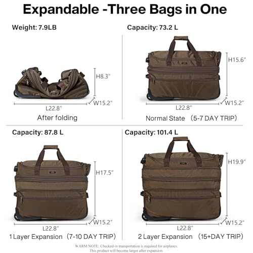 Large Expandable checked Luggage Suitcases with Wheels Foldable Duffle Bag for Travel suitcase for Women Men Garment Bag（Coffee）