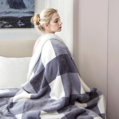 Sherpa Blanket Fleece Throw Blanket Full Queen Plaid Thick Bed Blanket