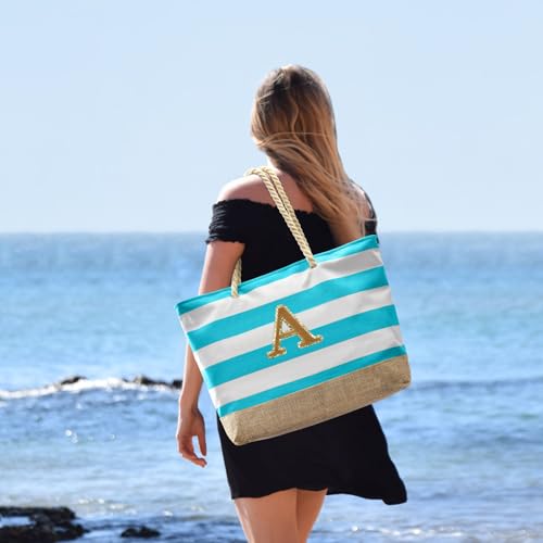Beach Bag Initial Beach Tote with Makeup Bag for Travel
