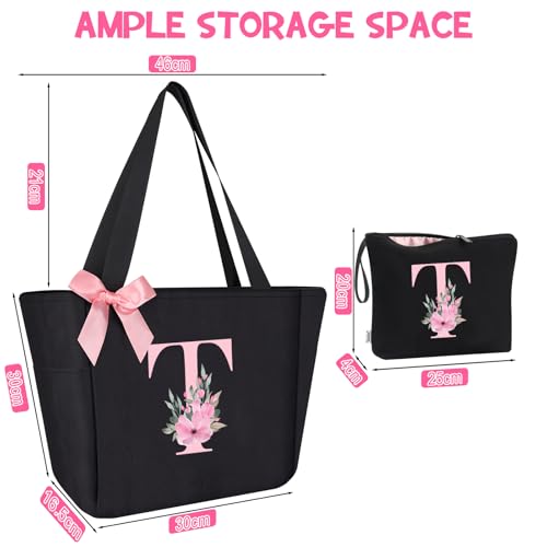 Tote Bag, A-Z Initial Monogrammed Waterproof Tote Bag, Bridesmaid Gifts for Women, Black and Pink (T, Black Set)