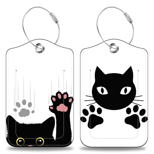 2 Pcs Cute Black Cat Luggage Tags for Suitcases PU Leather Paw Baggage Tags Name ID Label with Privacy Cover and Stainless Steel Loop for Men Women Travel Bag Suitcase (2 Count)