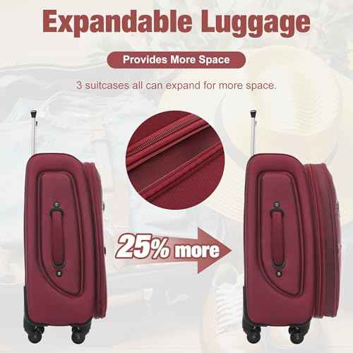 Softside Luggage Set Softshell Lightweight 3 Piece Spinner Suitcase (3 Count)