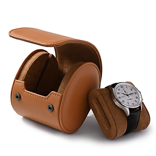 Single Leather Watch Roll Travel Case Brown